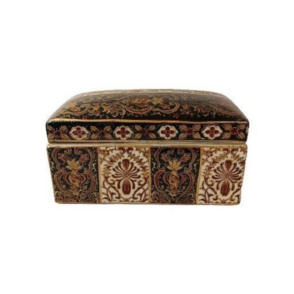 Vintage Ceramic Box With Lid Jewlery Tea Cigarettes Black Rust Brown Gold Beige - Picture 1 of 10